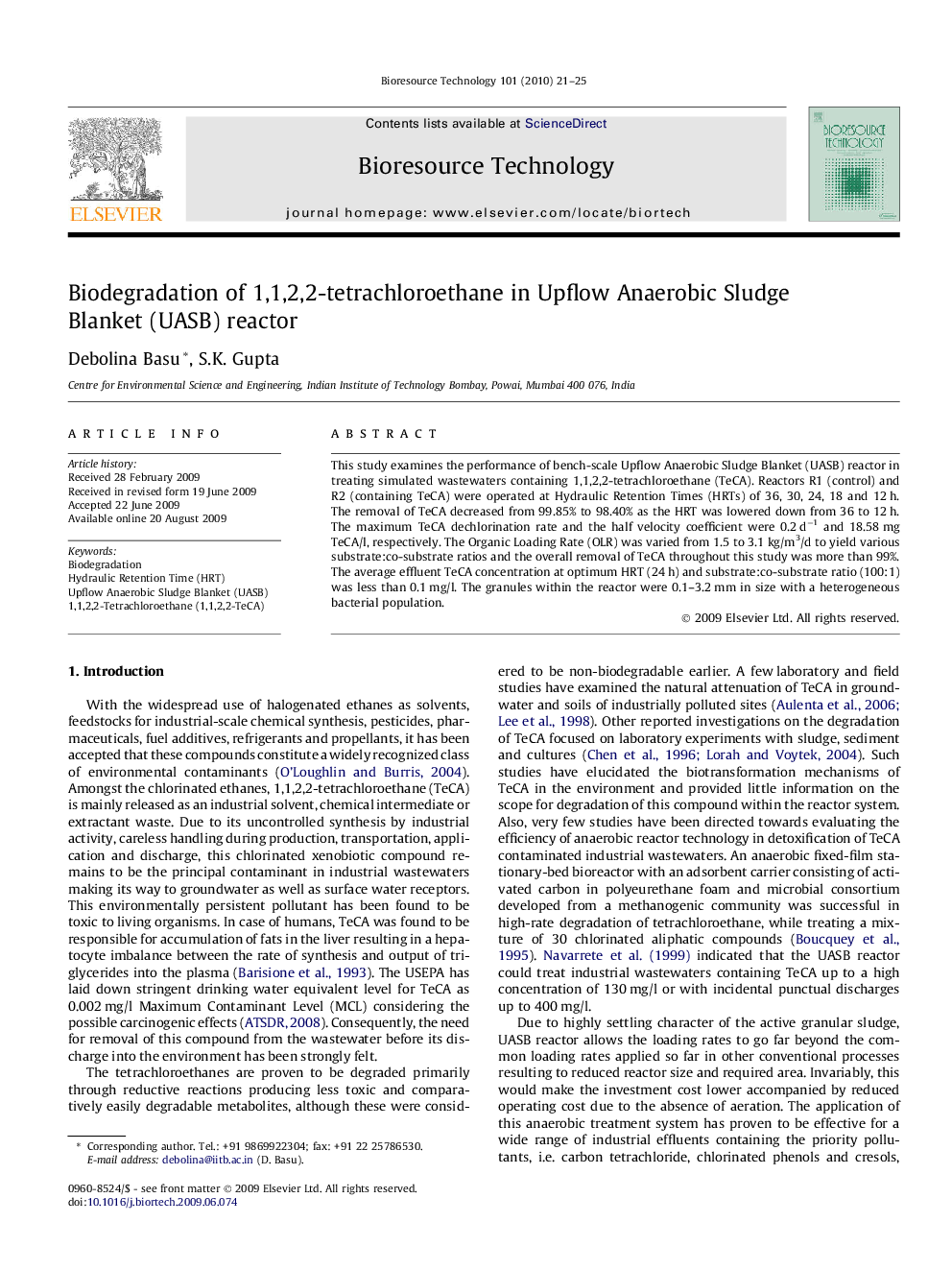 Biodegradation of 1,1,2,2-tetrachloroethane in Upflow Anaerobic Sludge Blanket (UASB) reactor