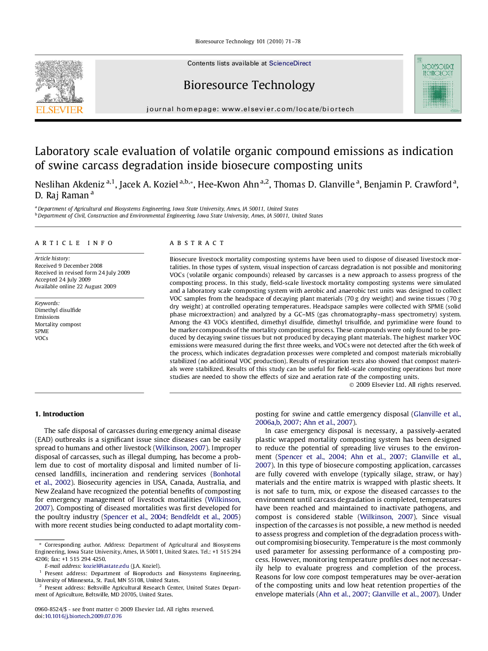 Laboratory scale evaluation of volatile organic compound emissions as indication of swine carcass degradation inside biosecure composting units