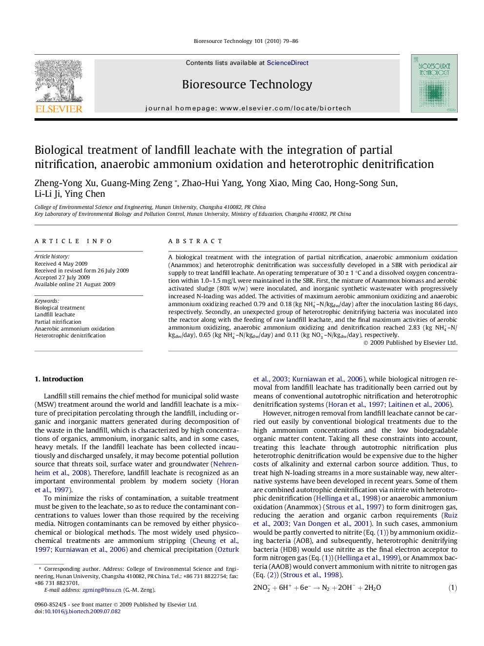 Biological treatment of landfill leachate with the integration of partial nitrification, anaerobic ammonium oxidation and heterotrophic denitrification