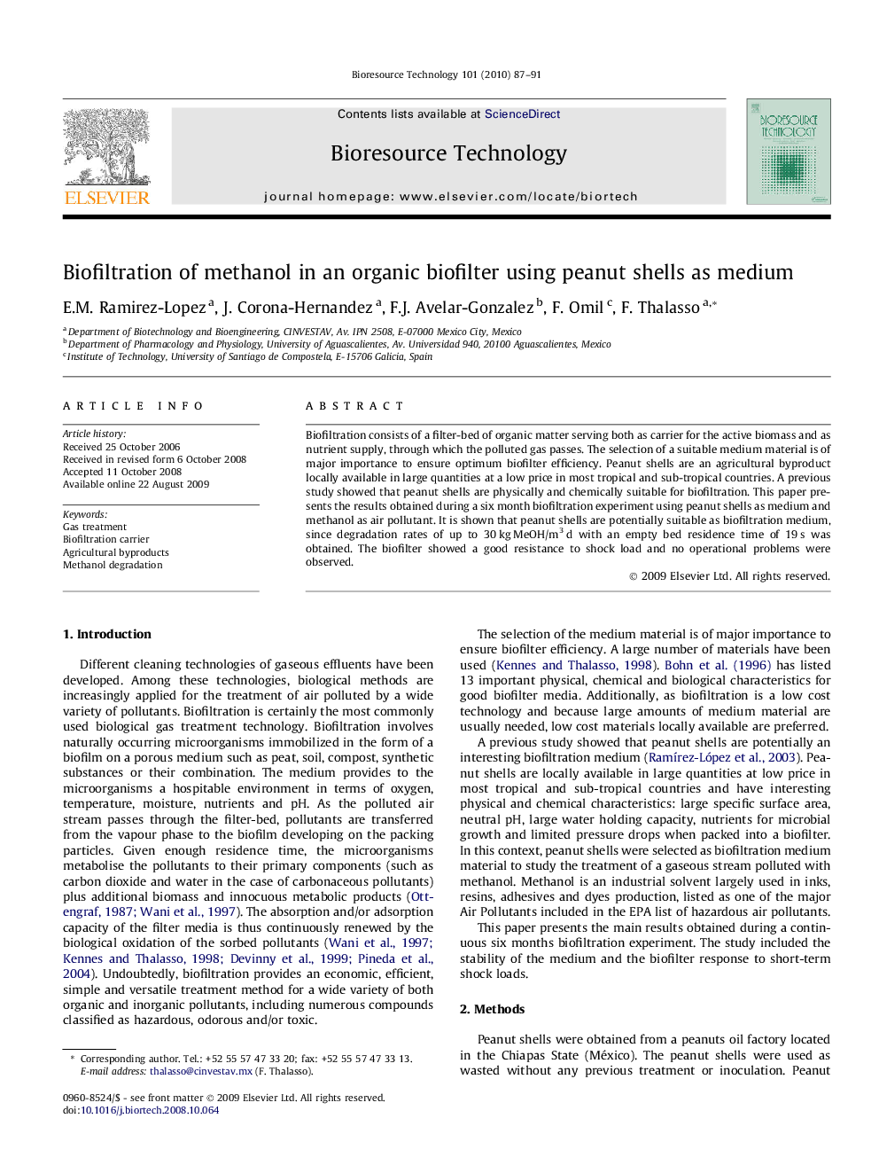 Biofiltration of methanol in an organic biofilter using peanut shells as medium