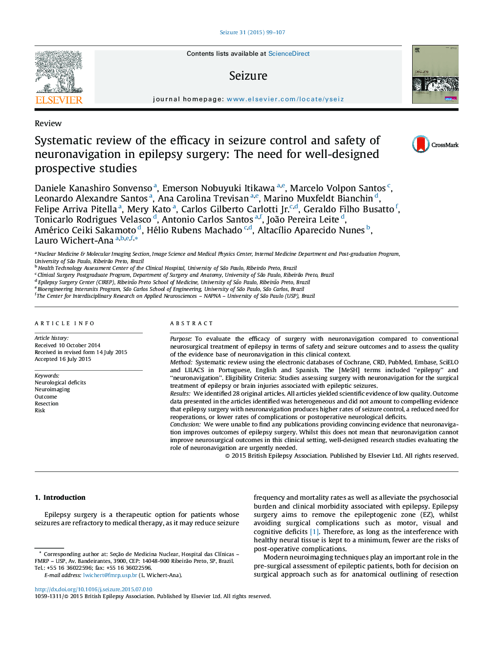 Systematic review of the efficacy in seizure control and safety of neuronavigation in epilepsy surgery: The need for well-designed prospective studies