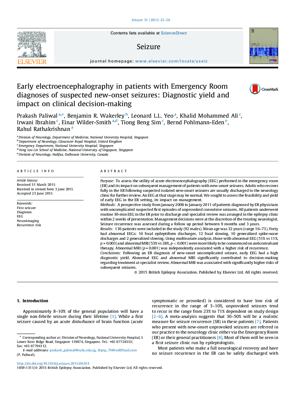 Early electroencephalography in patients with Emergency Room diagnoses of suspected new-onset seizures: Diagnostic yield and impact on clinical decision-making