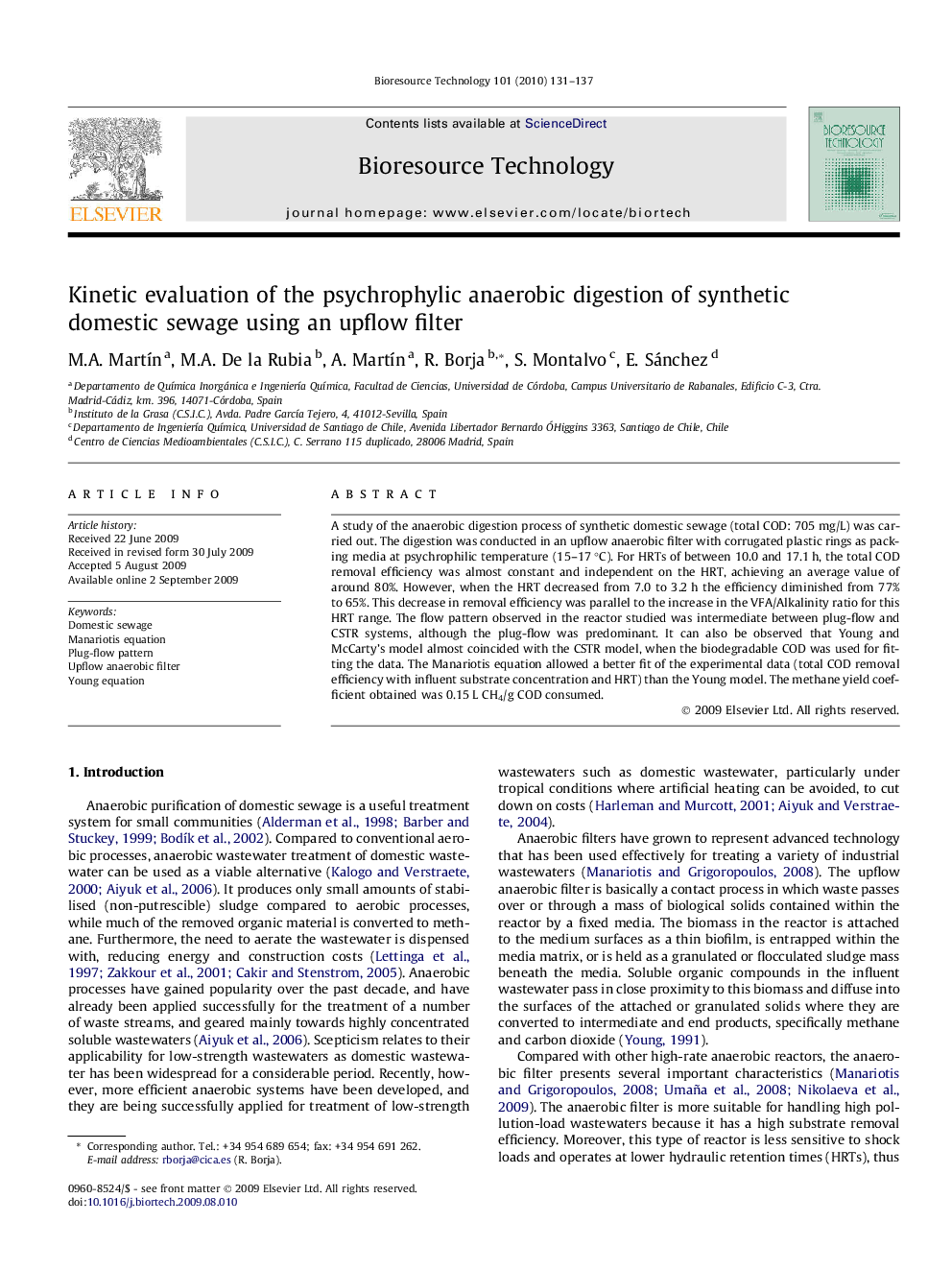 Kinetic evaluation of the psychrophylic anaerobic digestion of synthetic domestic sewage using an upflow filter