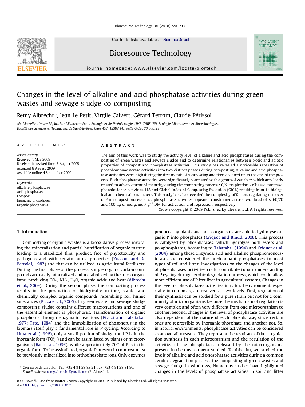 Changes in the level of alkaline and acid phosphatase activities during green wastes and sewage sludge co-composting