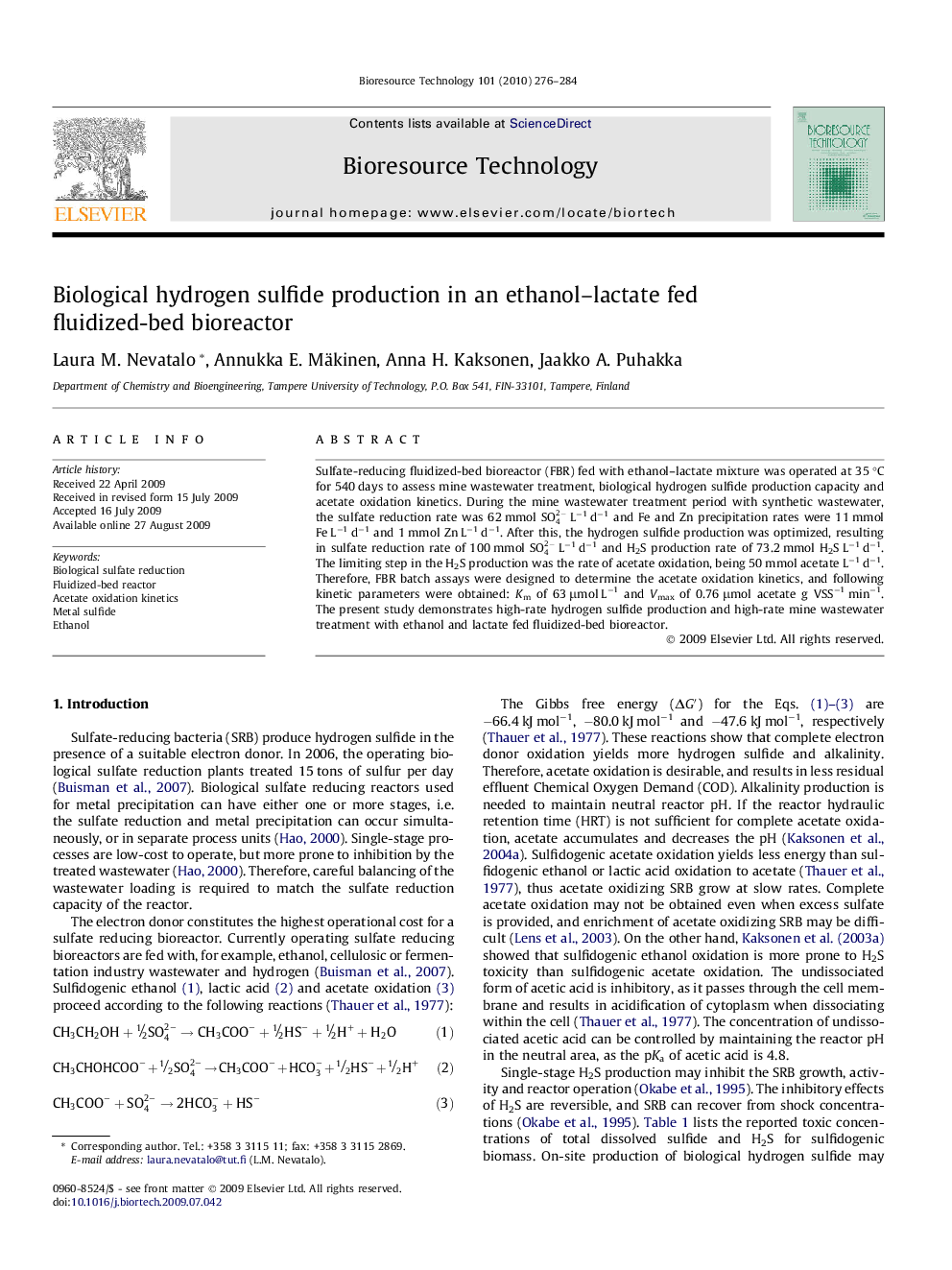 Biological hydrogen sulfide production in an ethanol-lactate fed fluidized-bed bioreactor