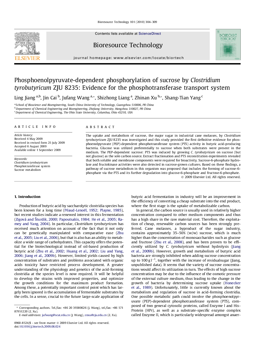 Phosphoenolpyruvate-dependent phosphorylation of sucrose by Clostridium tyrobutyricum ZJU 8235: Evidence for the phosphotransferase transport system