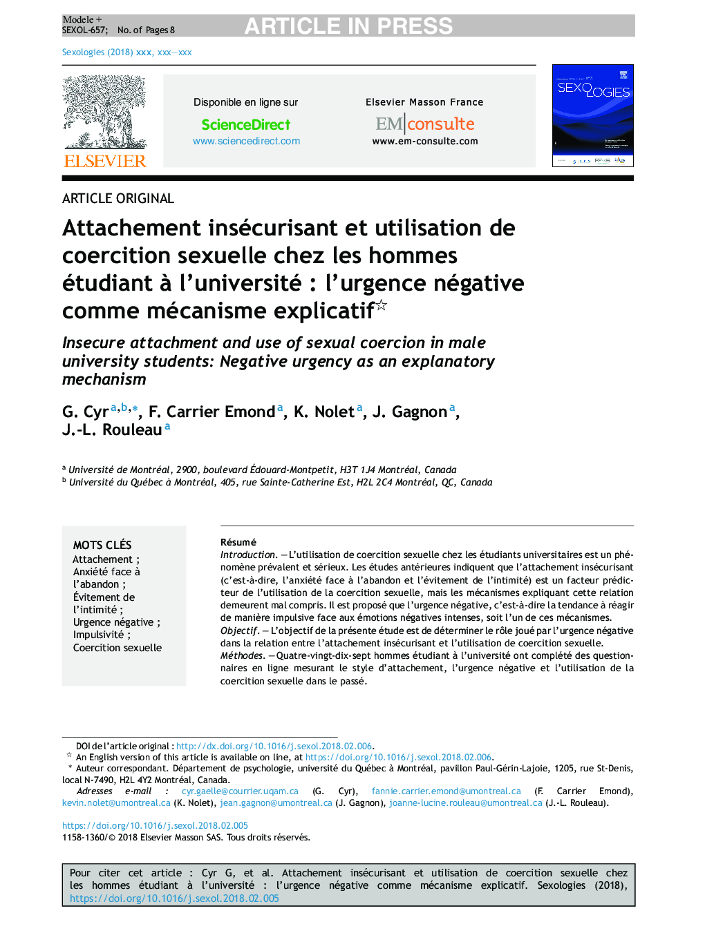 Attachement insécurisant et utilisation de coercition sexuelle chez les hommes étudiant Ã  l'universitéÂ : l'urgence négative comme mécanisme explicatif