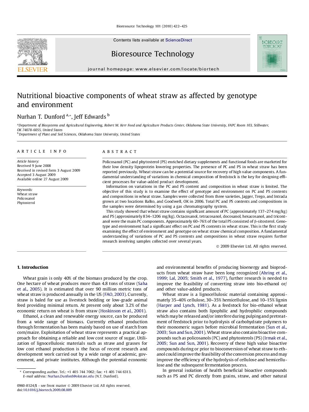 Nutritional bioactive components of wheat straw as affected by genotype and environment