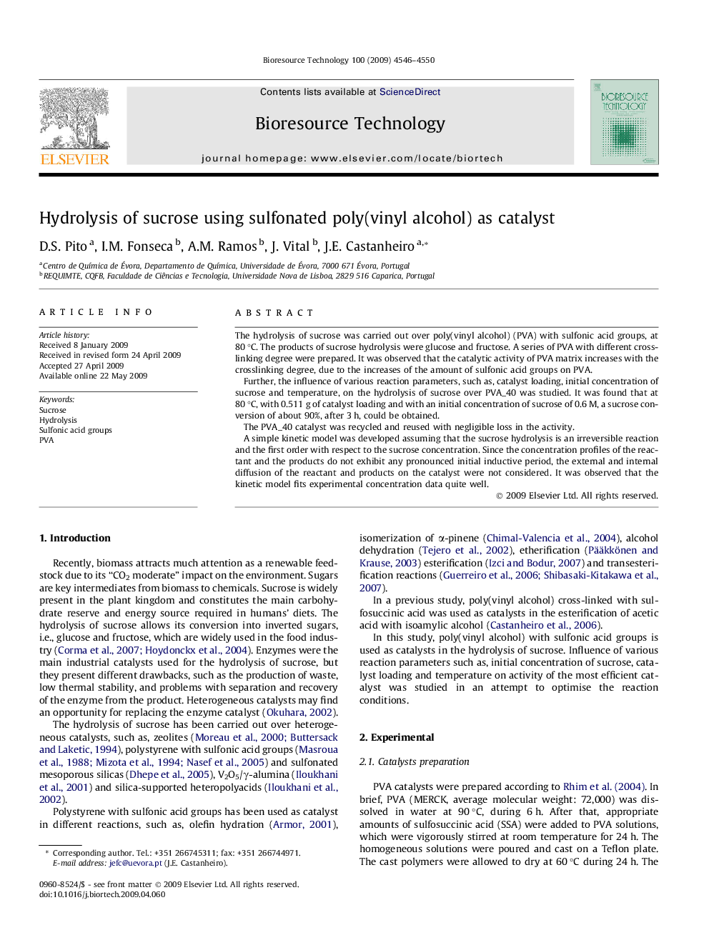 Hydrolysis of sucrose using sulfonated poly(vinyl alcohol) as catalyst