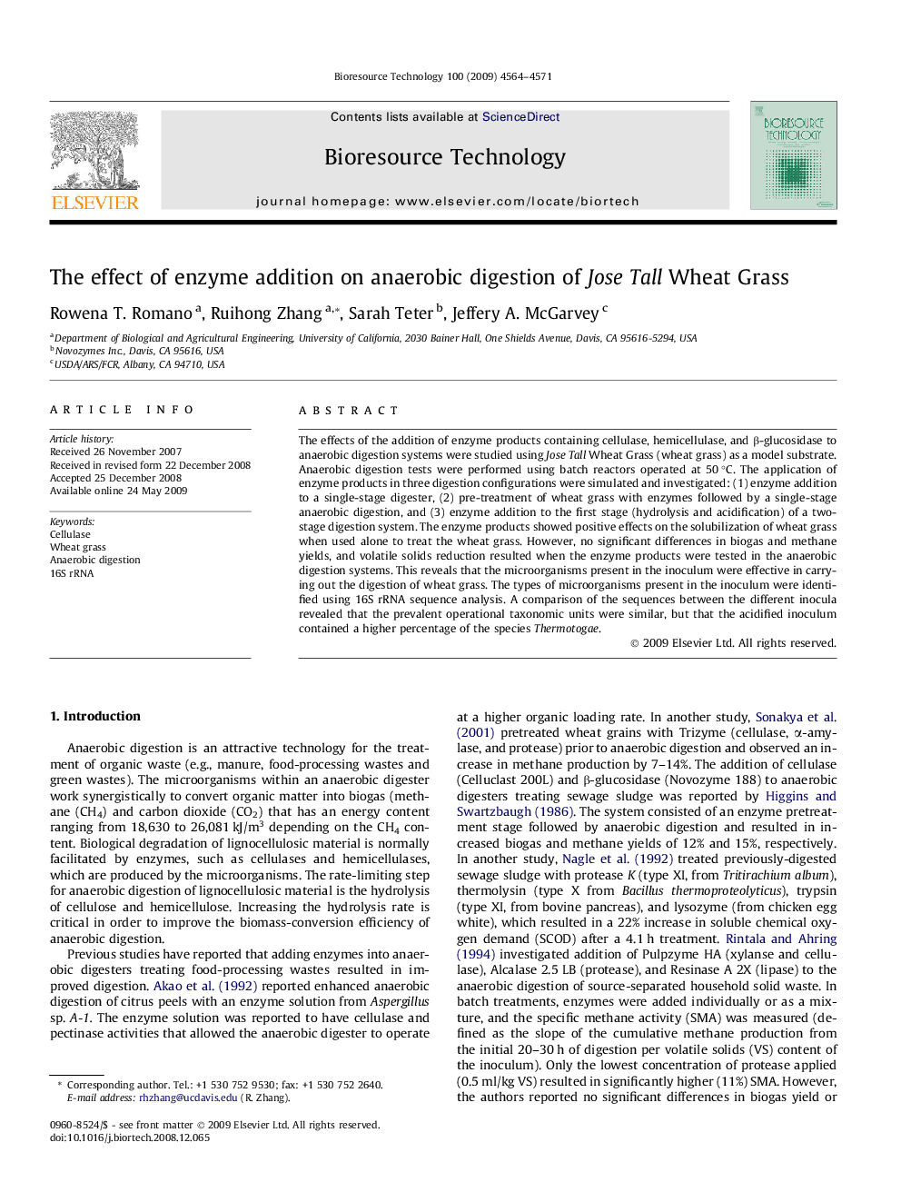 The effect of enzyme addition on anaerobic digestion of JoseTall Wheat Grass