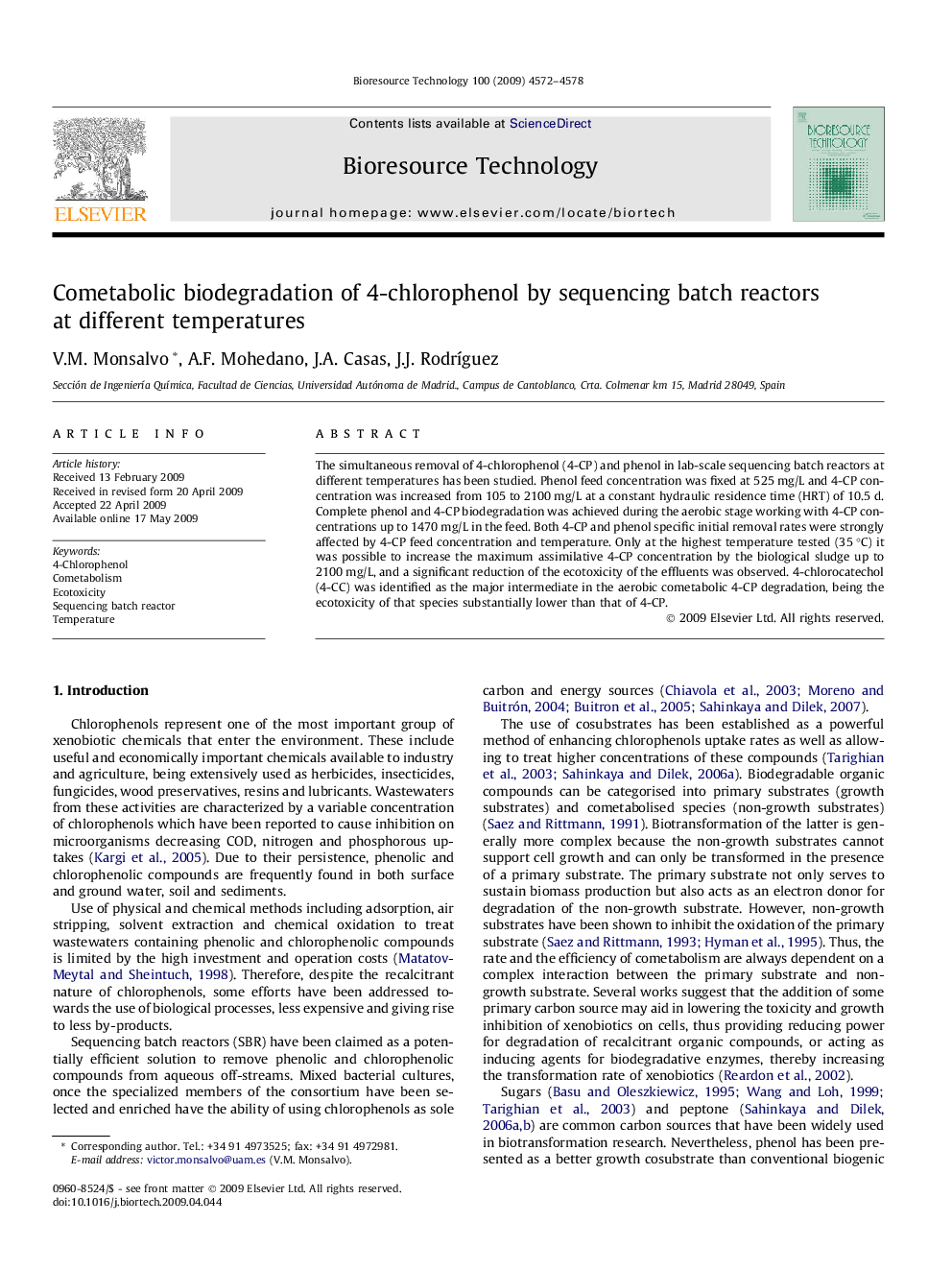 Cometabolic biodegradation of 4-chlorophenol by sequencing batch reactors at different temperatures