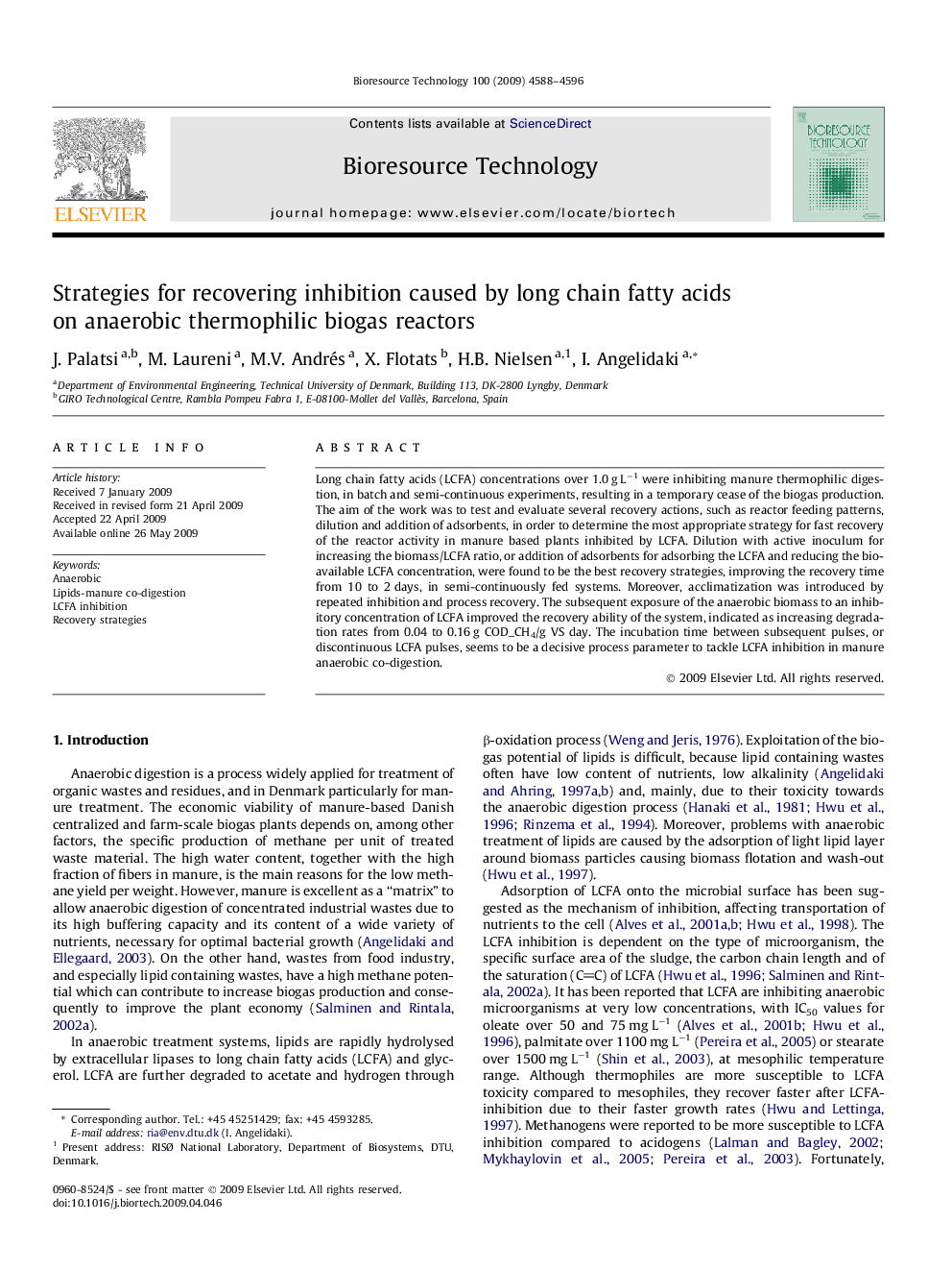 Strategies for recovering inhibition caused by long chain fatty acids on anaerobic thermophilic biogas reactors