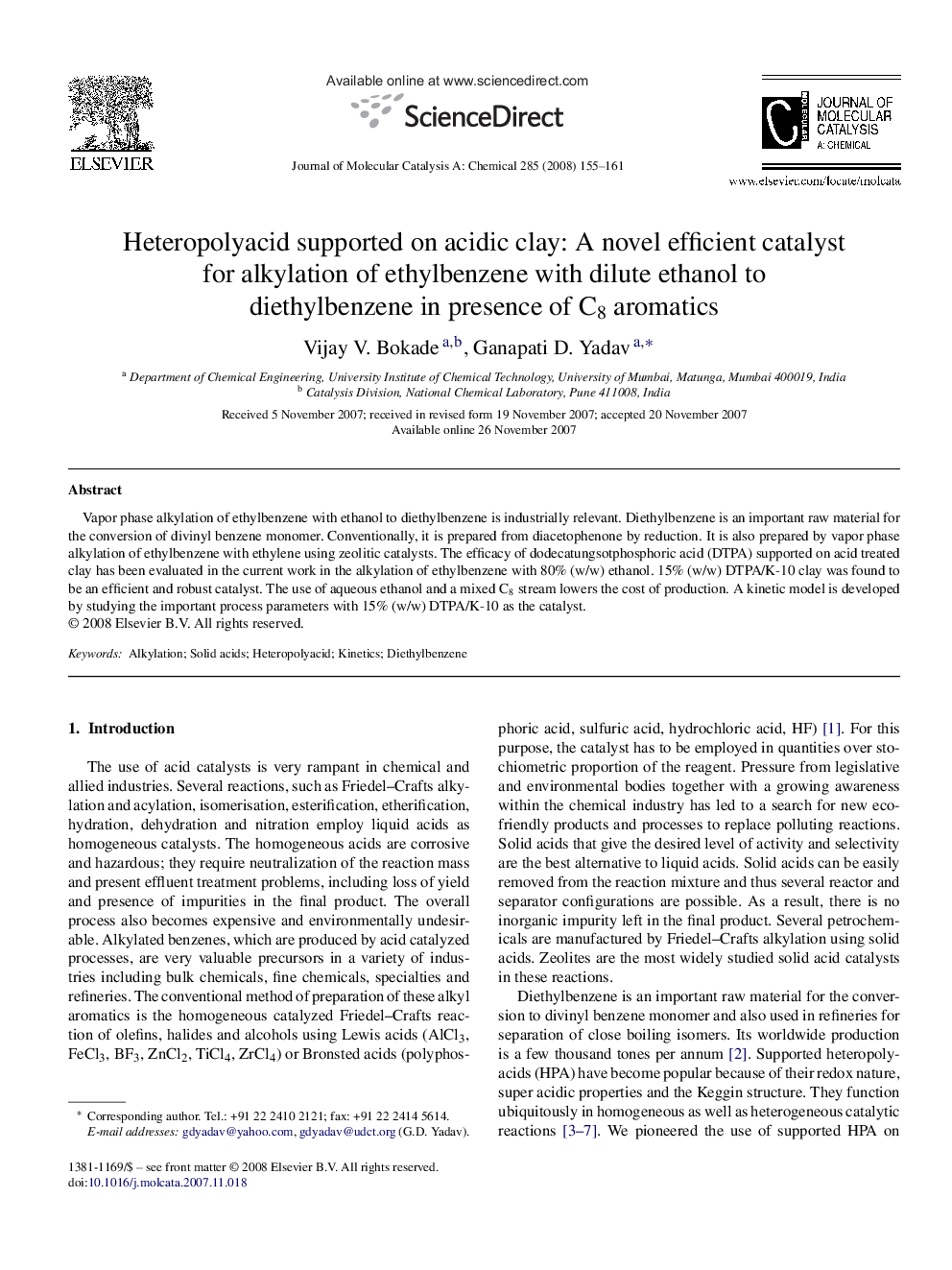 Heteropolyacid supported on acidic clay: A novel efficient catalyst for alkylation of ethylbenzene with dilute ethanol to diethylbenzene in presence of C8 aromatics