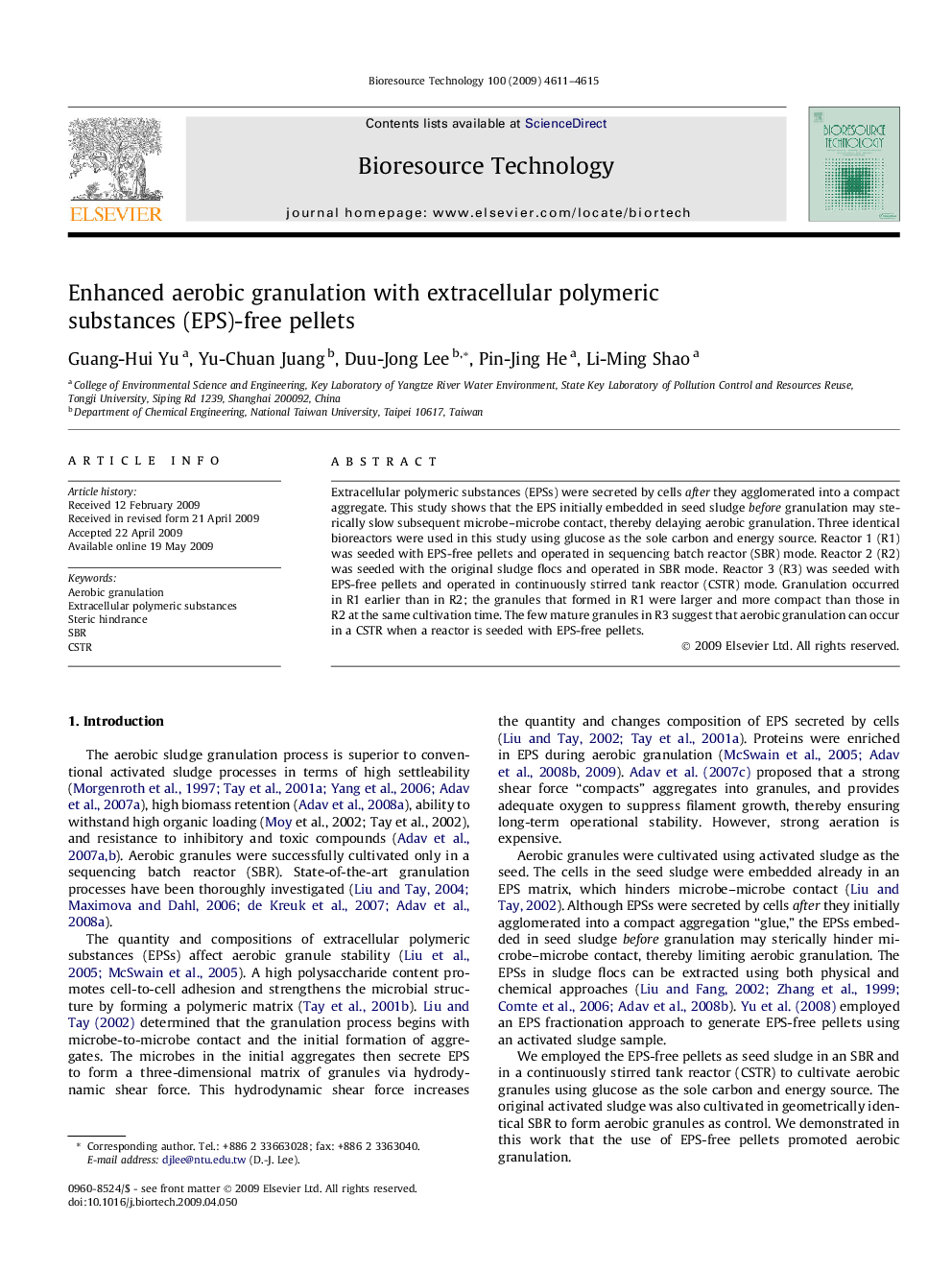 Enhanced aerobic granulation with extracellular polymeric substances (EPS)-free pellets