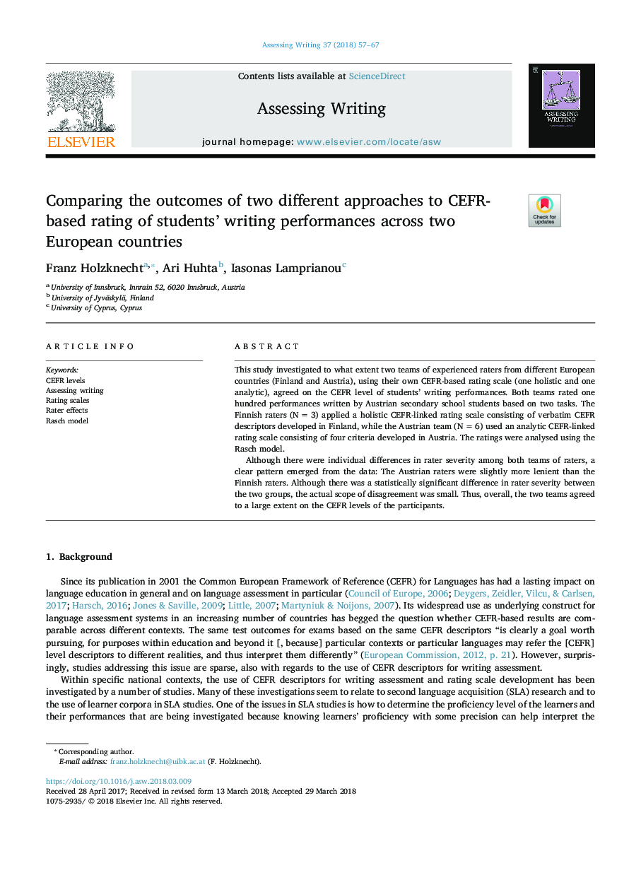Comparing the outcomes of two different approaches to CEFR-based rating of students' writing performances across two European countries