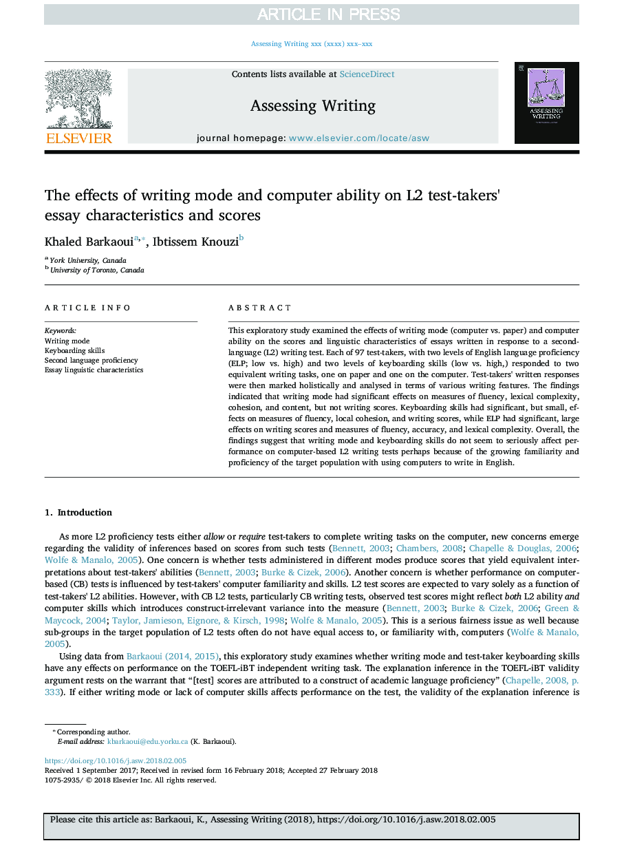 The effects of writing mode and computer ability on L2 test-takers' essay characteristics and scores