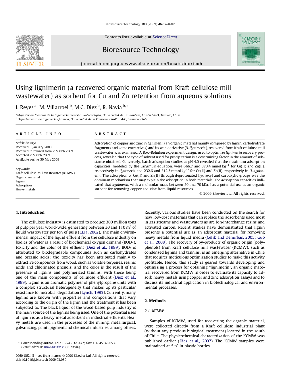 Using lignimerin (a recovered organic material from Kraft cellulose mill wastewater) as sorbent for Cu and Zn retention from aqueous solutions