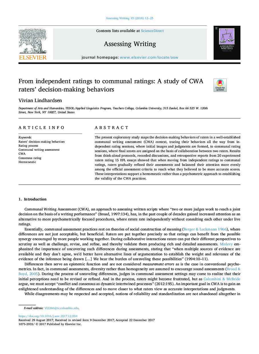 From independent ratings to communal ratings: A study of CWA raters' decision-making behaviors