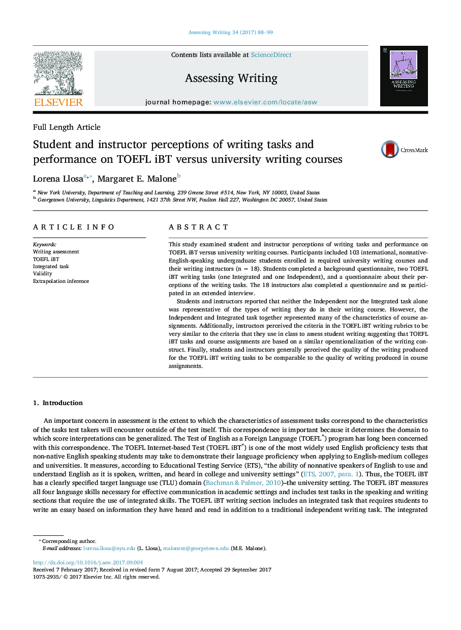 عکس صفحه اول مقاله: Student and instructor perceptions of writing tasks and performance on TOEFL iBT versus university writing courses Student and instructor perceptions of writing tasks and performance on TOEFL iBT versus university writing courses