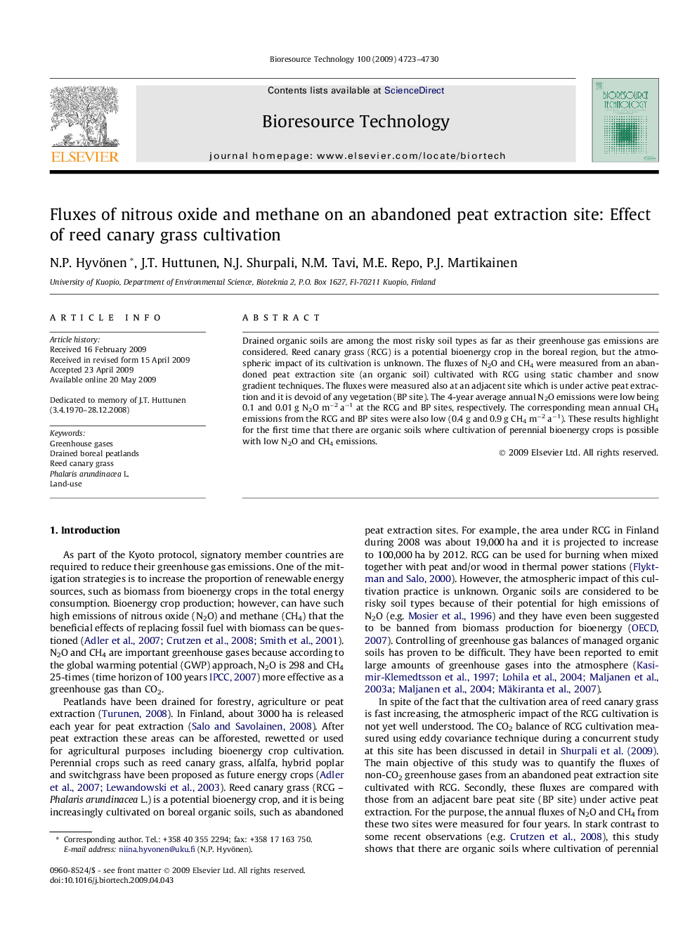 عکس صفحه اول مقاله: Fluxes of nitrous oxide and methane on an abandoned peat extraction site: Effect of reed canary grass cultivation Fluxes of nitrous oxide and methane on an abandoned peat extraction site: Effect of reed canary grass cultivation