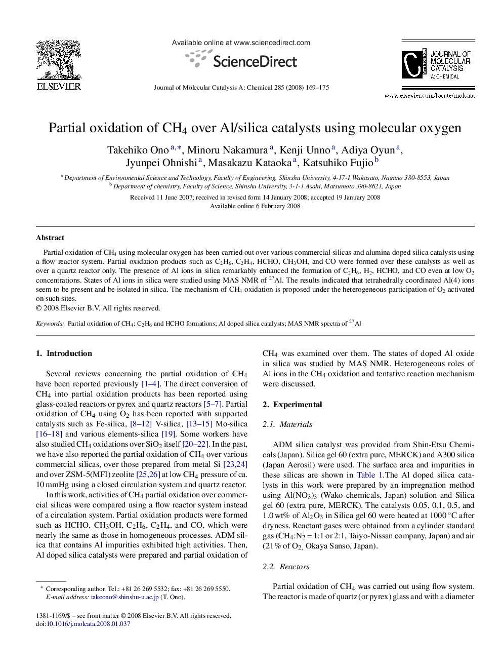 Partial oxidation of CH4 over Al/silica catalysts using molecular oxygen