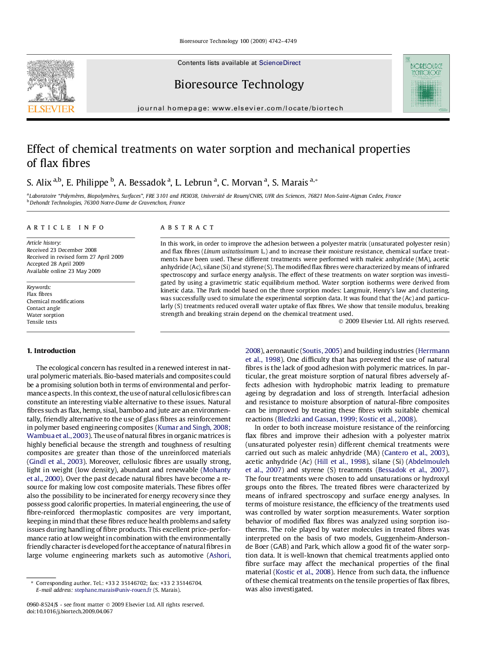 Effect of chemical treatments on water sorption and mechanical properties of flax fibres