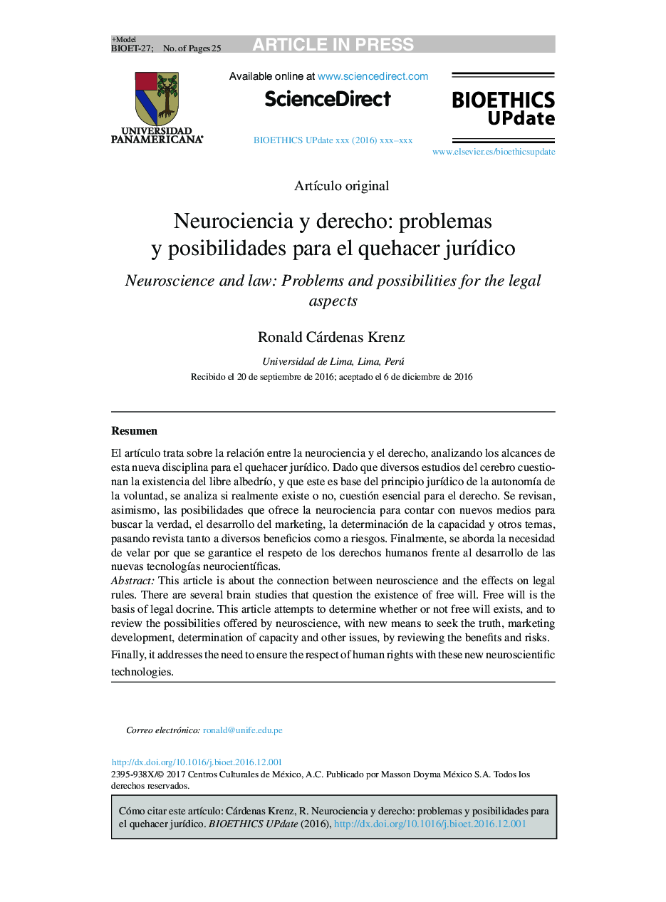 Neurociencia y derecho: problemas y posibilidades para el quehacer jurÃ­dico