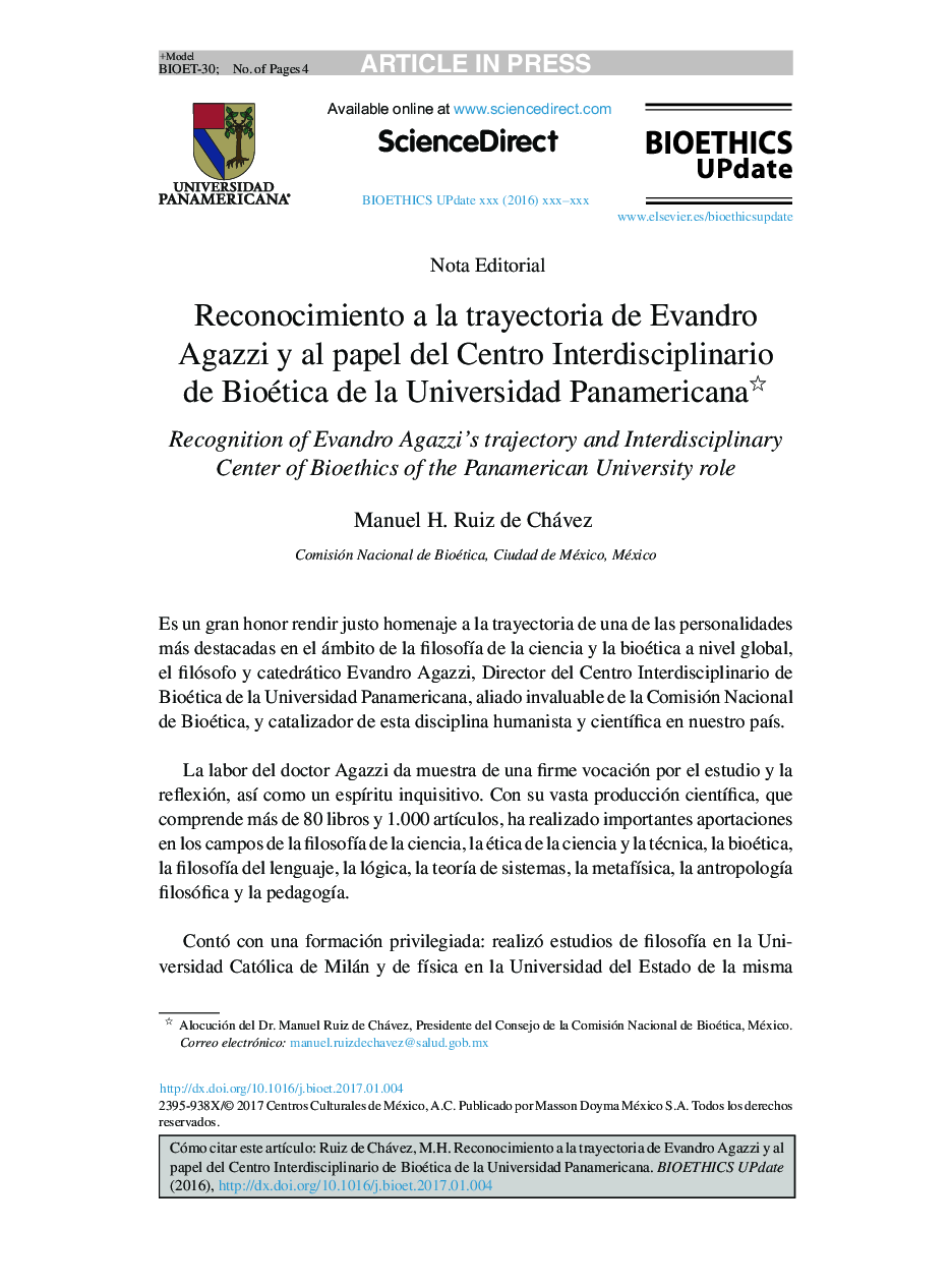 Reconocimiento a la trayectoria de Evandro Agazzi y al papel del Centro Interdisciplinario de Bioética de la Universidad Panamericana