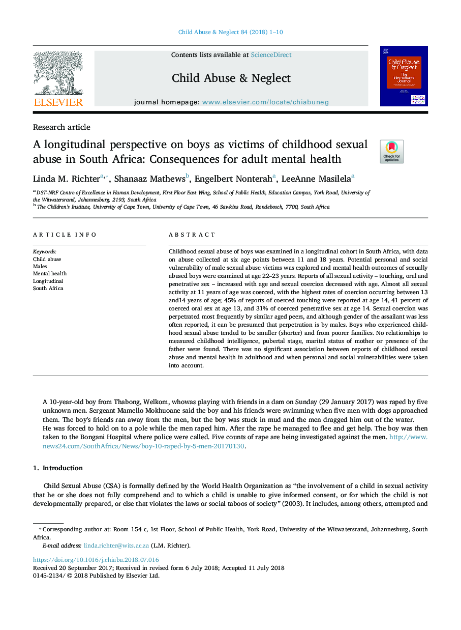 A longitudinal perspective on boys as victims of childhood sexual abuse in South Africa: Consequences for adult mental health