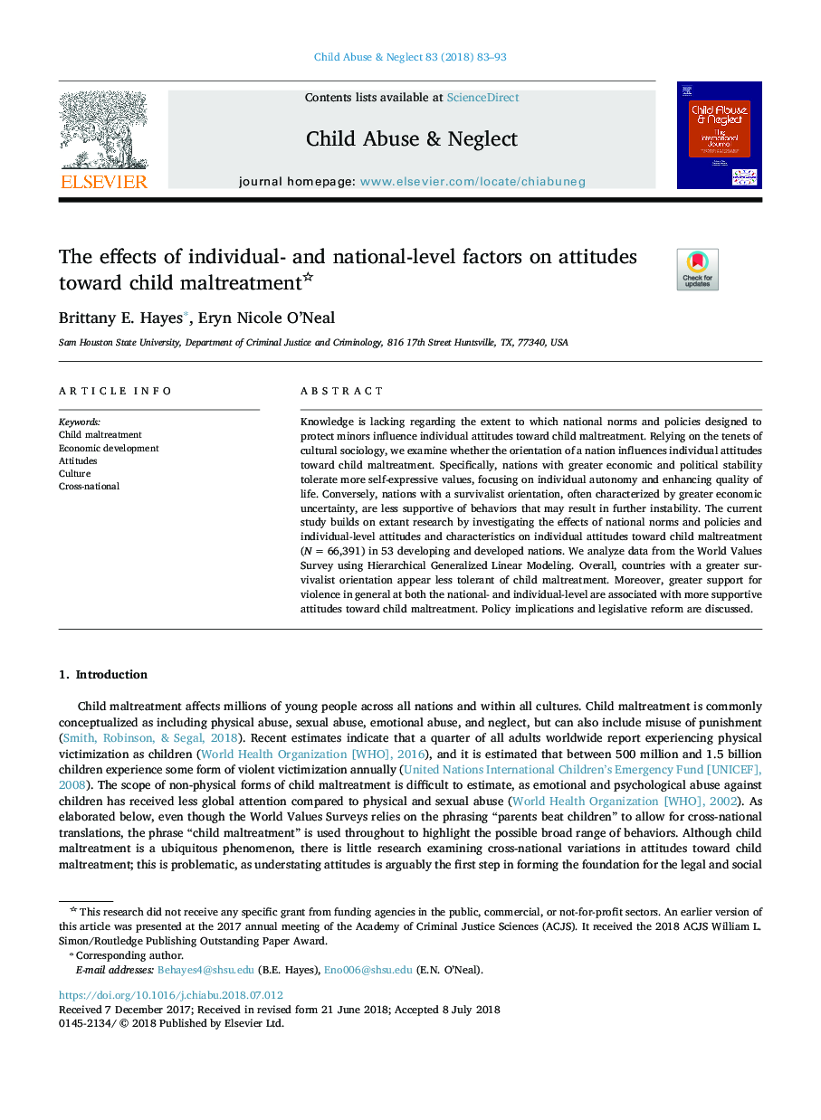 The effects of individual- and national-level factors on attitudes toward child maltreatment