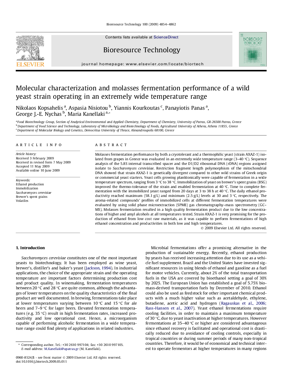 Molecular characterization and molasses fermentation performance of a wild yeast strain operating in an extremely wide temperature range