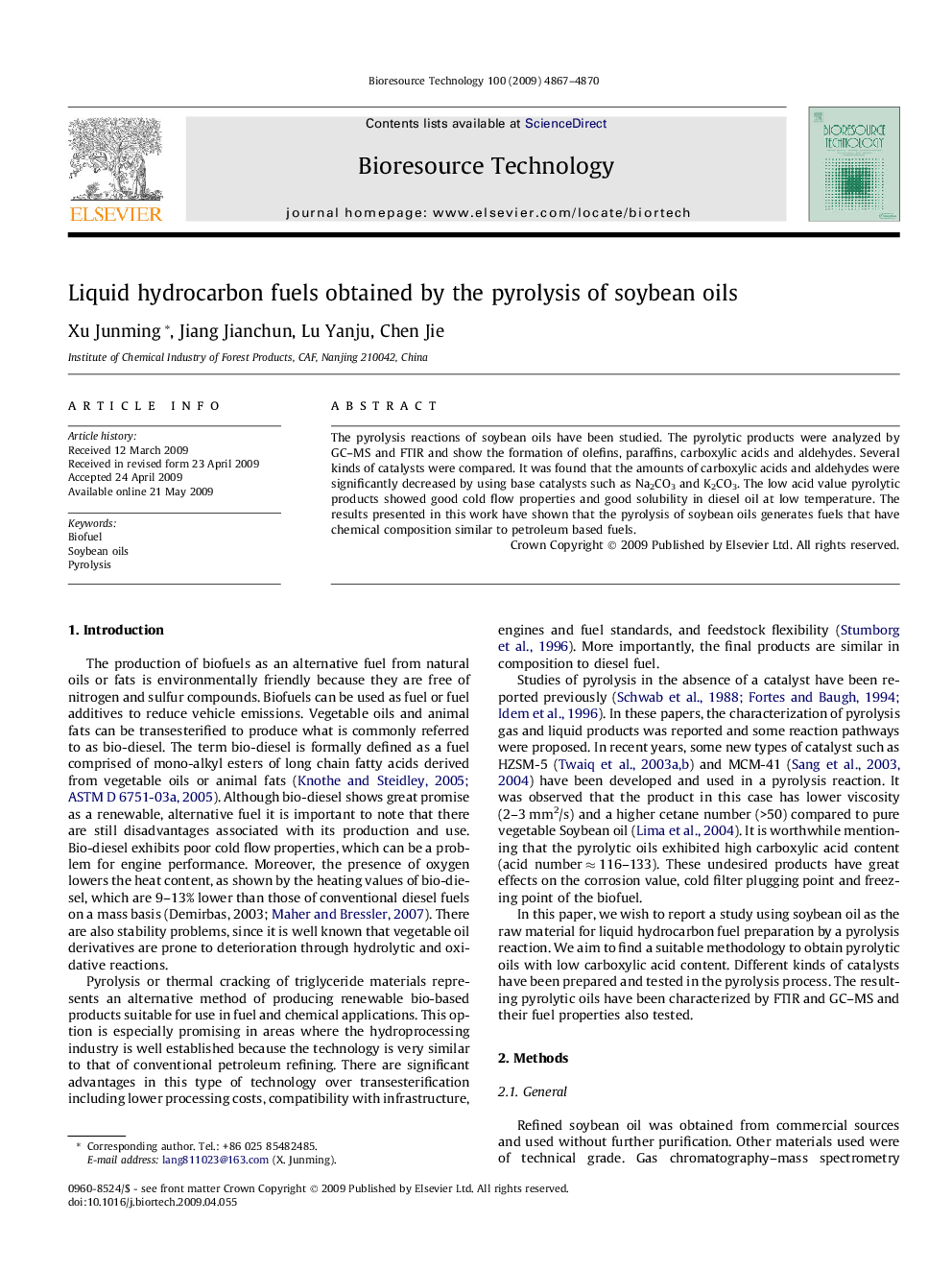 عکس صفحه اول مقاله: Liquid hydrocarbon fuels obtained by the pyrolysis of soybean oils Liquid hydrocarbon fuels obtained by the pyrolysis of soybean oils