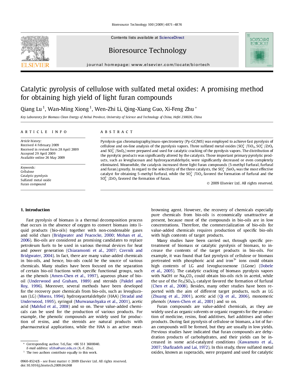 عکس صفحه اول مقاله: Catalytic pyrolysis of cellulose with sulfated metal oxides: A promising method for obtaining high yield of light furan compounds Catalytic pyrolysis of cellulose with sulfated metal oxides: A promising method for obtaining high yield of light furan compounds