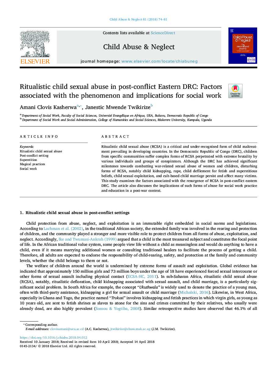 Ritualistic child sexual abuse in post-conflict Eastern DRC: Factors associated with the phenomenon and implications for social work