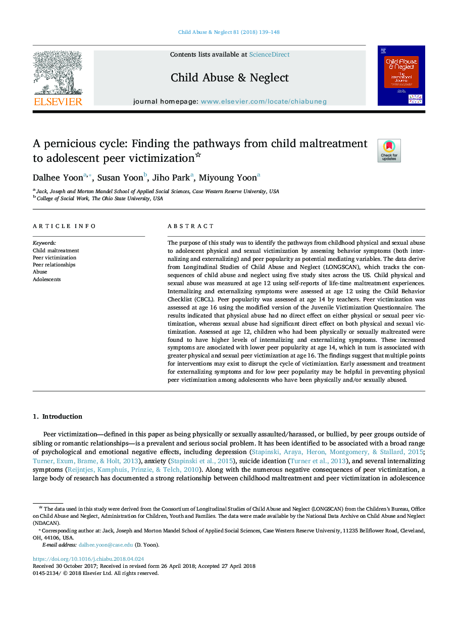 A pernicious cycle: Finding the pathways from child maltreatment to adolescent peer victimization