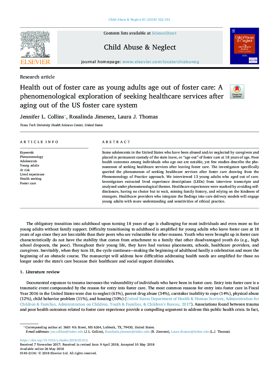 Health out of foster care as young adults age out of foster care: A phenomenological exploration of seeking healthcare services after aging out of the US foster care system