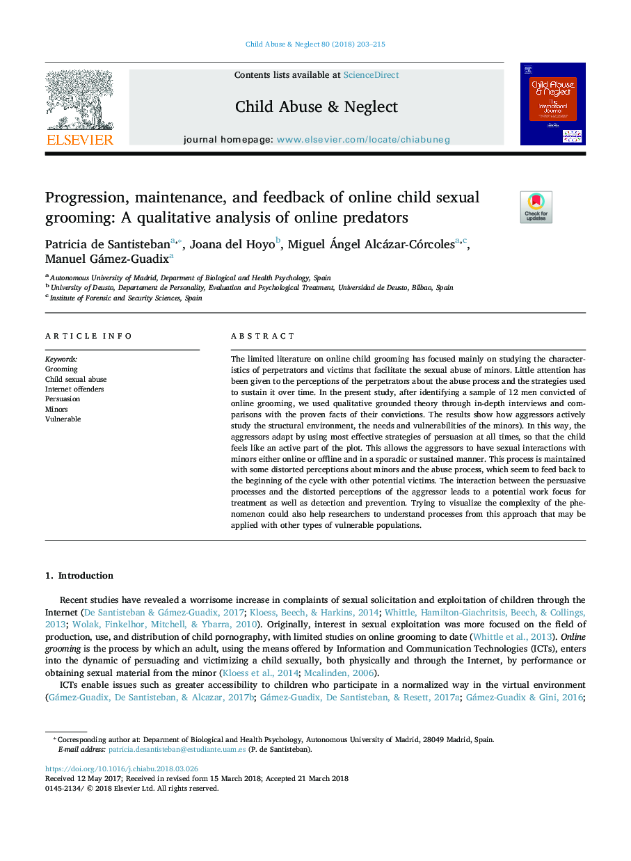 پیشرفت، نگهداری و بازخورد گرایش جنسی آنلاین کودک: یک تحلیل کیفی از شکارچیان آنلاین 
