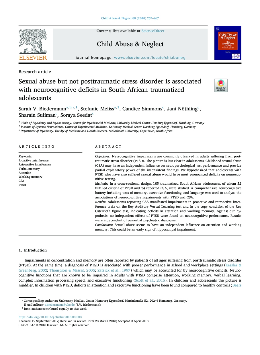 Sexual abuse but not posttraumatic stress disorder is associated with neurocognitive deficits in South African traumatized adolescents