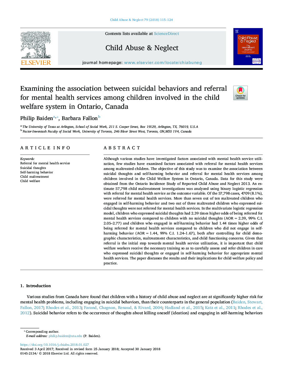 Examining the association between suicidal behaviors and referral for mental health services among children involved in the child welfare system in Ontario, Canada