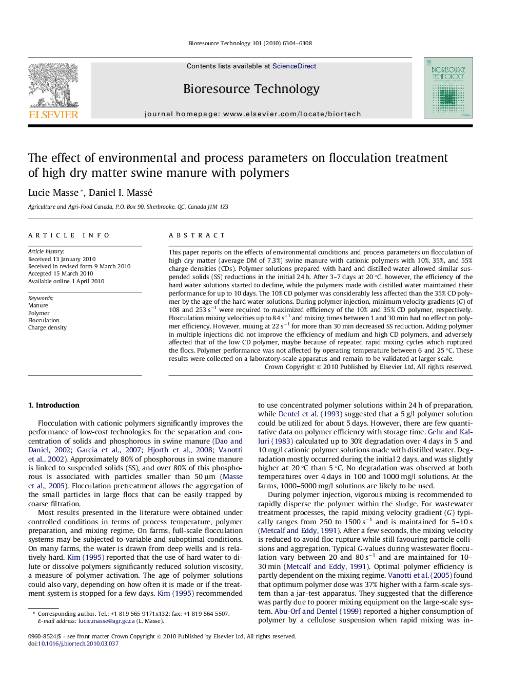 عکس صفحه اول مقاله: The effect of environmental and process parameters on flocculation treatment of high dry matter swine manure with polymers The effect of environmental and process parameters on flocculation treatment of high dry matter swine manure with polymers
