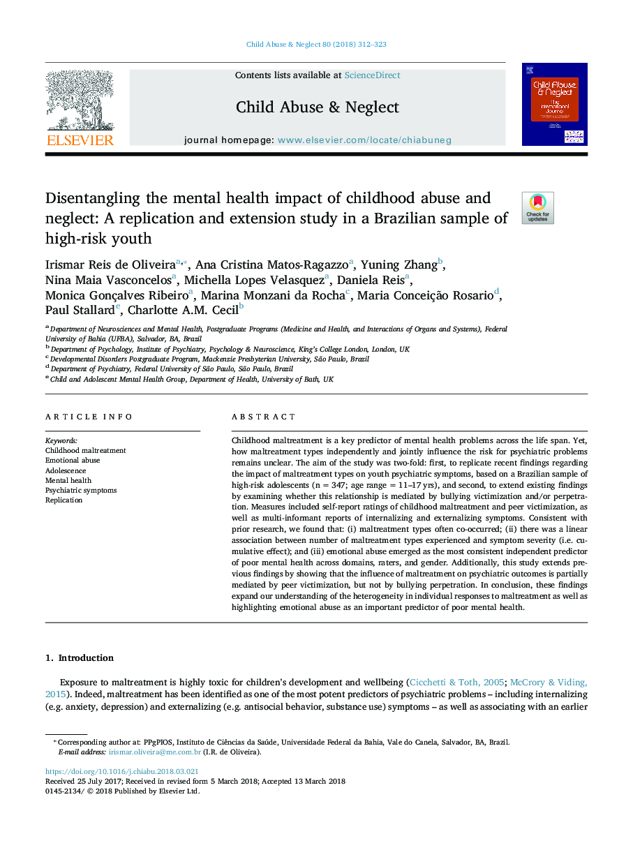 Disentangling the mental health impact of childhood abuse and neglect: A replication and extension study in a Brazilian sample of high-risk youth