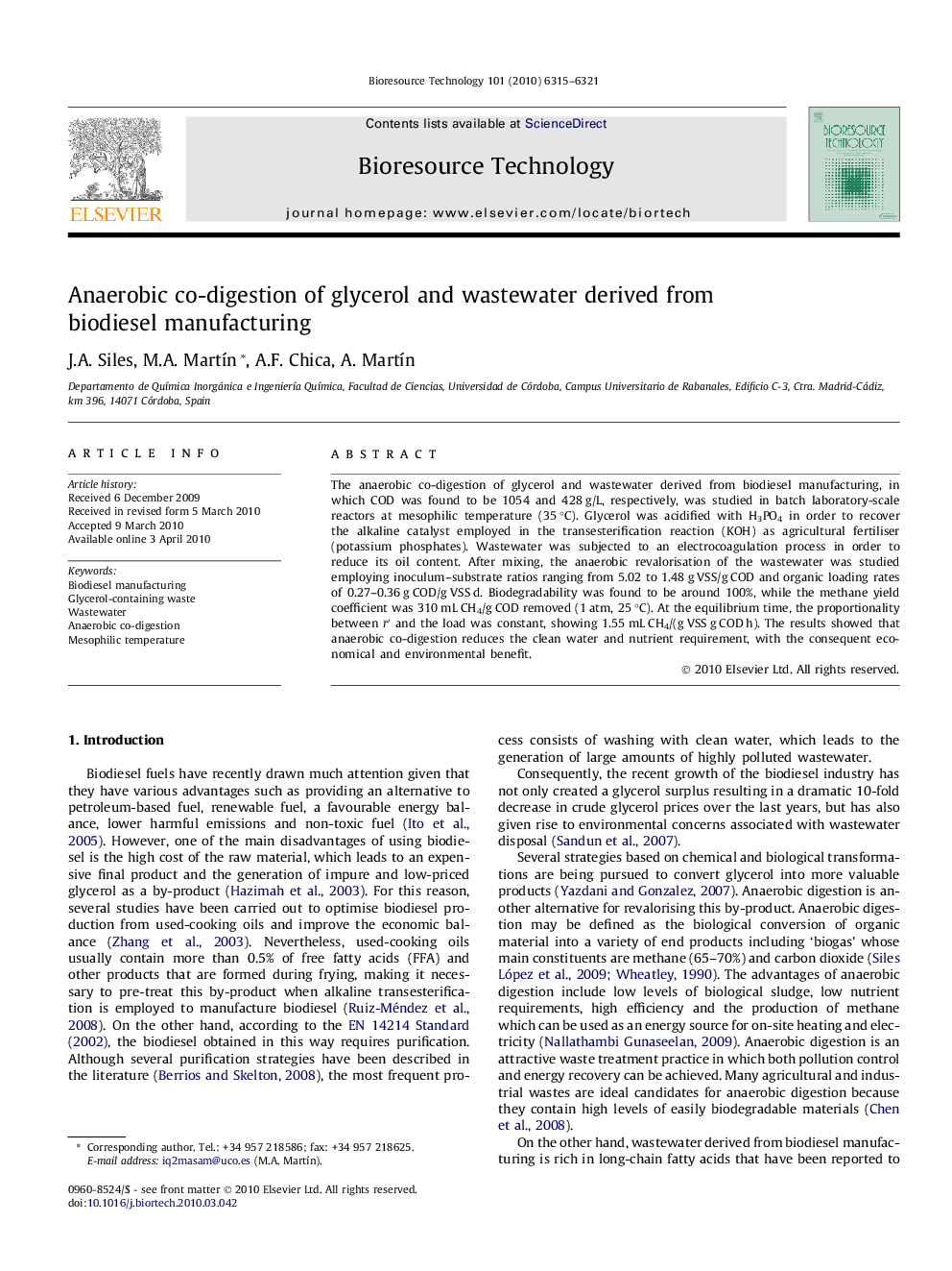 Anaerobic co-digestion of glycerol and wastewater derived from biodiesel manufacturing