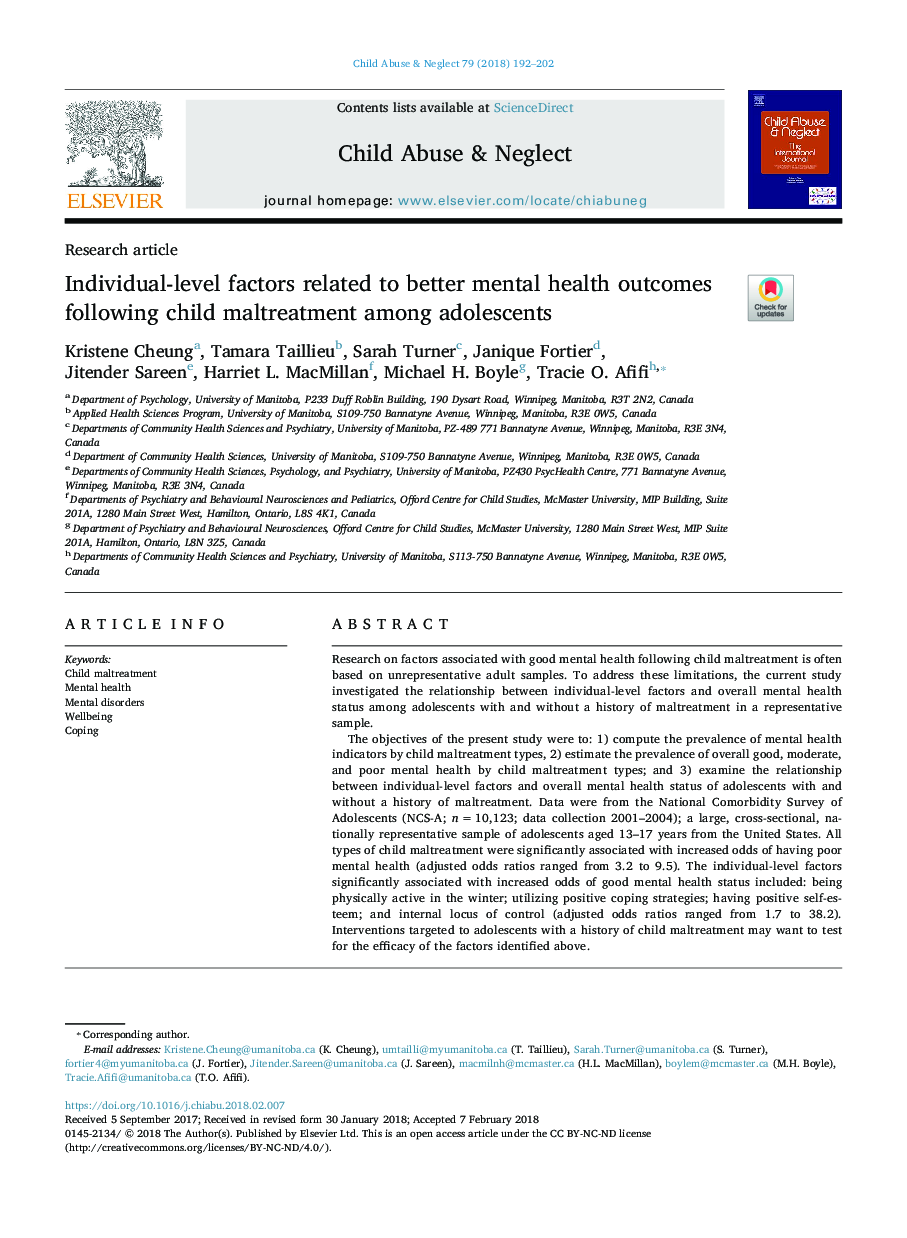 عوامل فردی مرتبط با نتایج بهتر سلامت روان پس از بدرفتاری با کودک در میان نوجوانان 