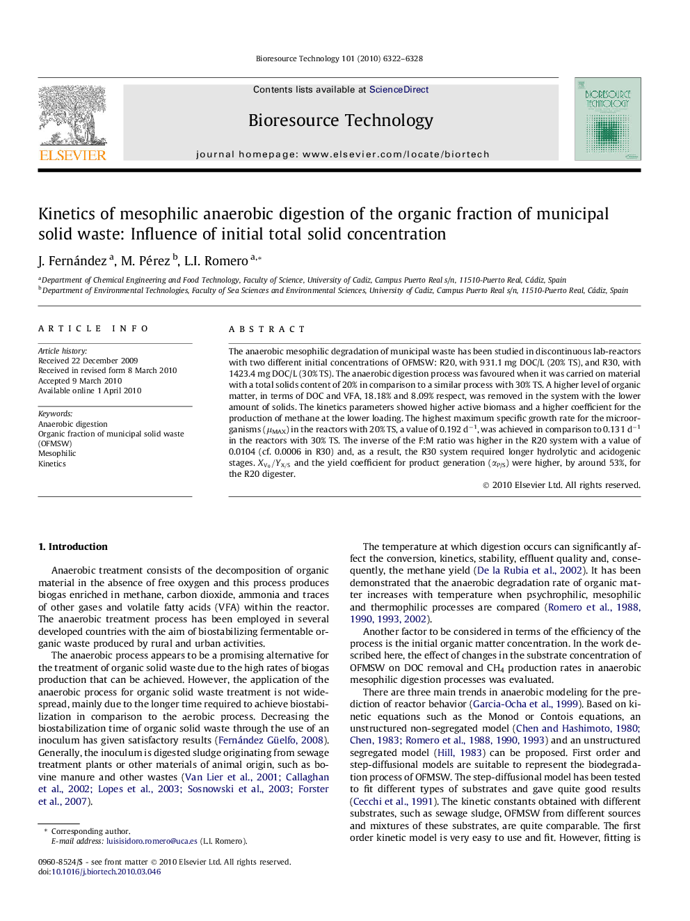 Kinetics of mesophilic anaerobic digestion of the organic fraction of municipal solid waste: Influence of initial total solid concentration