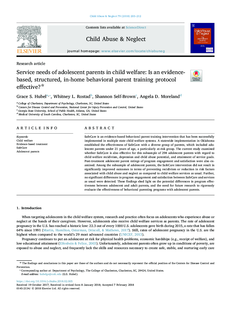 Service needs of adolescent parents in child welfare: Is an evidence-based, structured, in-home behavioral parent training protocol effective?