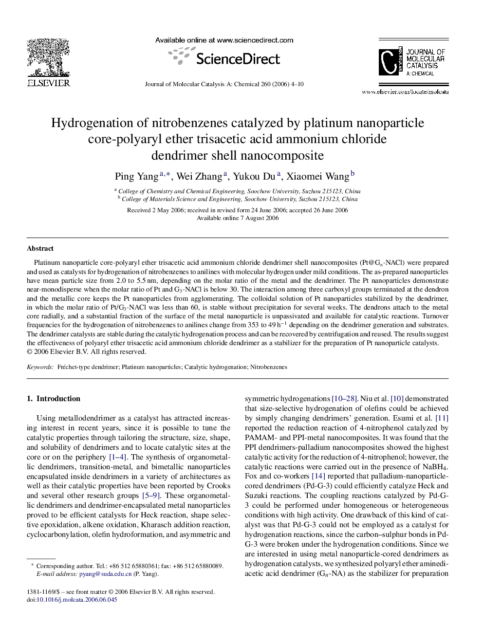 Hydrogenation of nitrobenzenes catalyzed by platinum nanoparticle core-polyaryl ether trisacetic acid ammonium chloride dendrimer shell nanocomposite