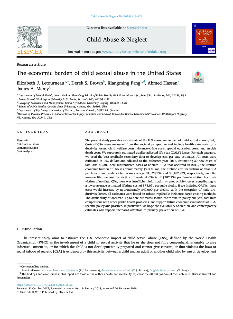 The economic burden of child sexual abuse in the United States