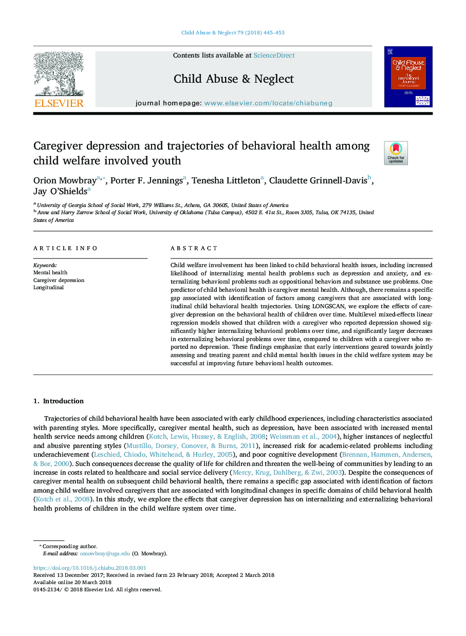 Caregiver depression and trajectories of behavioral health among child welfare involved youth