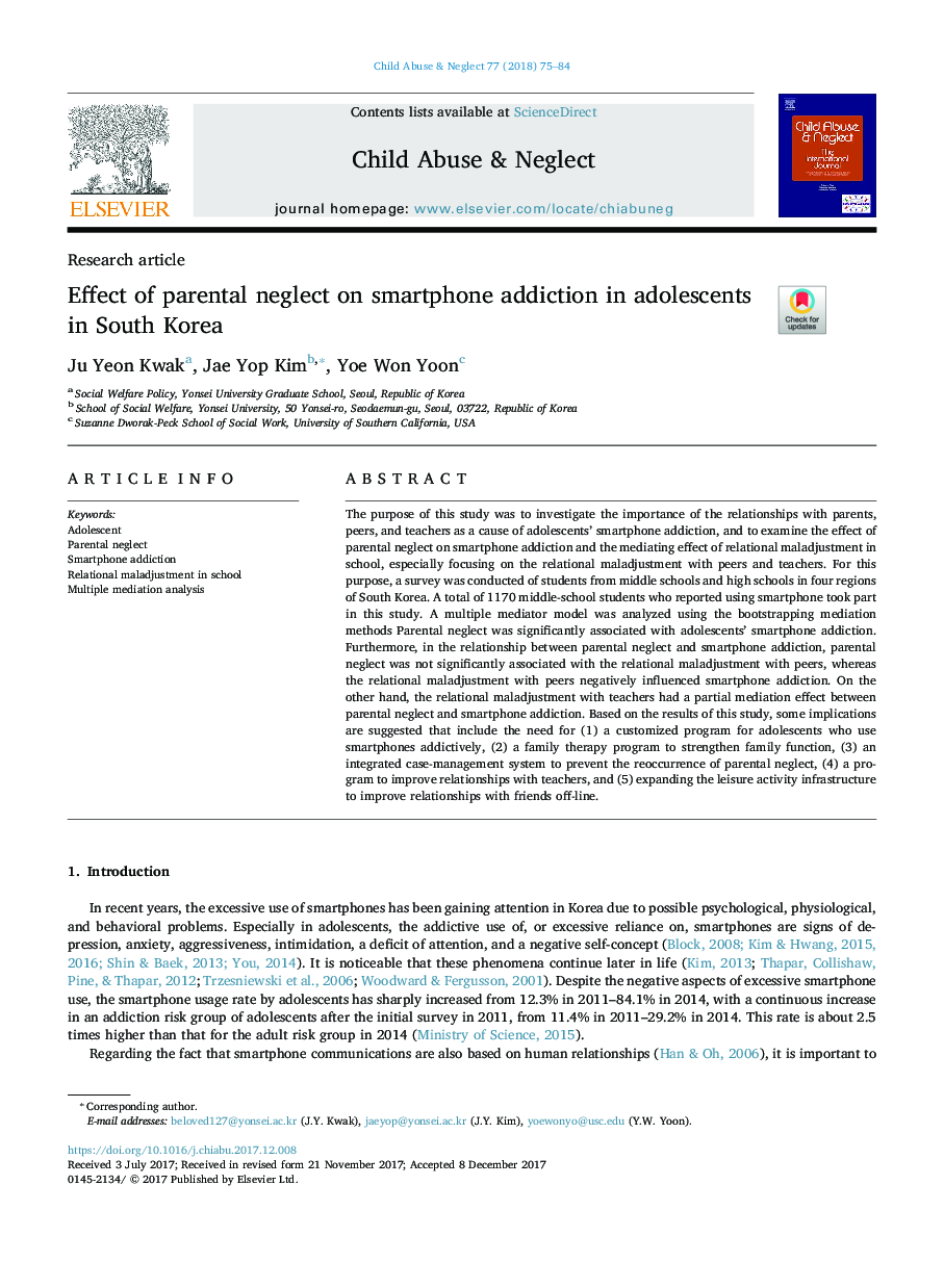 Effect of parental neglect on smartphone addiction in adolescents in South Korea