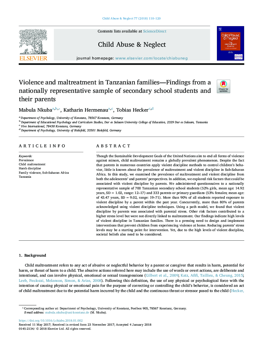 Violence and maltreatment in Tanzanian families-Findings from a nationally representative sample of secondary school students and their parents